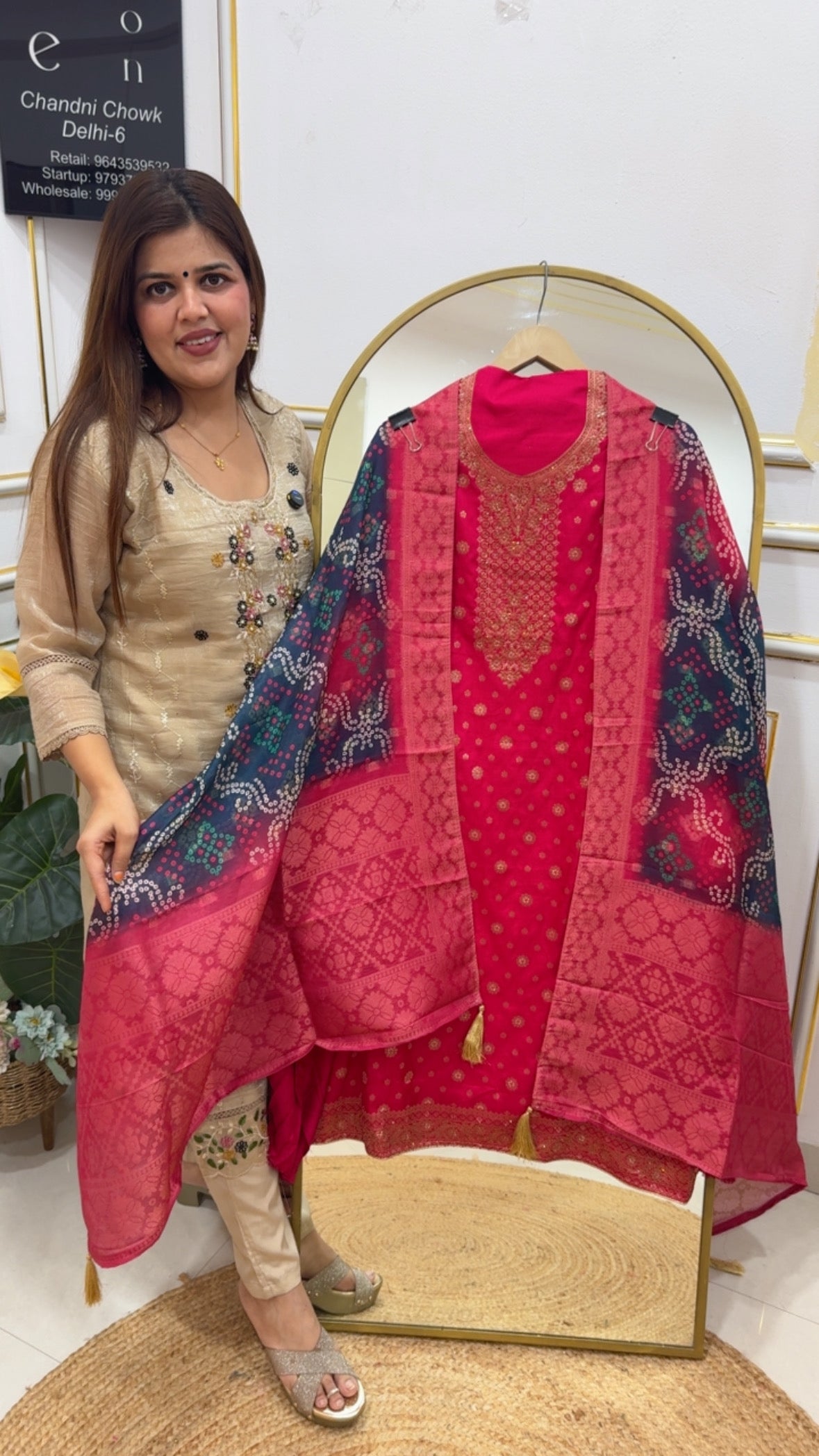 Grace fashion Everyday partywear Special super soft weaved silk suit material premium detailing with swaroski work all over shirt neck along with full length embroidery dupatta Bandani printed dupatta GF769